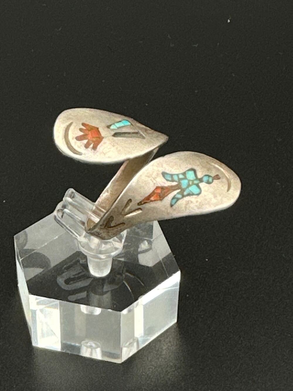 Vintage Zuni Style Channel Inlay Bypass Ring Turquoise Coral Sterling